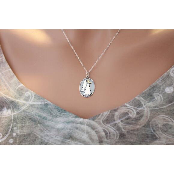 Sterling Silver Pine Tree Charm with Bronze Moon Necklace - Picture 2 of 5
